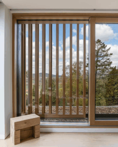 Internorm alu-clad pocket sliding door with timber louvre screen, framing countryside views in contemporary Buckinghamshire home.