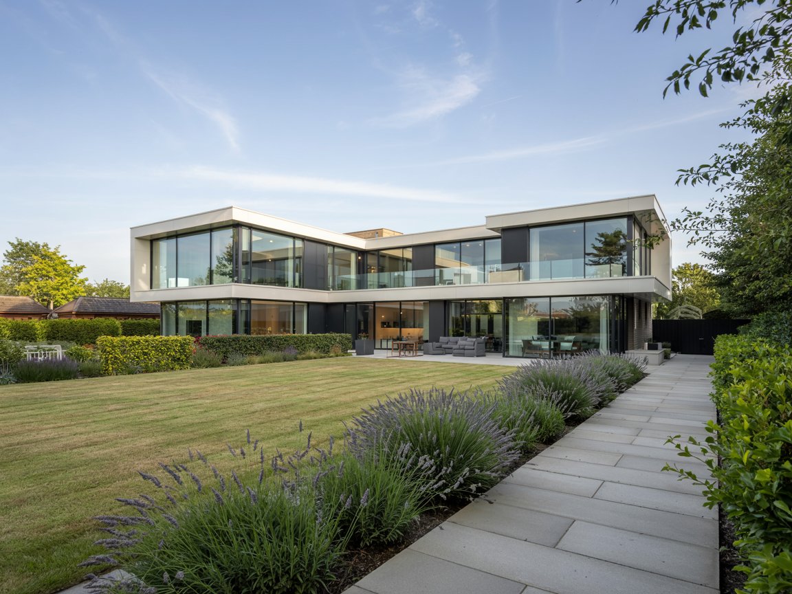 Architectural Lighting, bright façade of luxury British property featuring contemporary aluminium windows