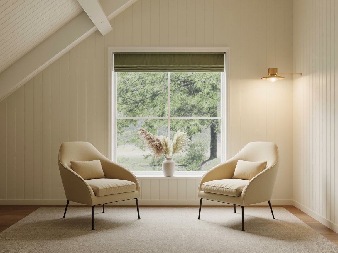 A modern minimalist room interior with white vertical shiplap walls and a sloped ceiling. Two identical cream-colored upholstered armchairs with curved backs and black metal legs are positioned facing each other. A large window with a sage green roller shade is centered on the wall, double glazing