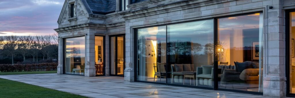 as dusk settles, a luxury british home glows softly from within architectural glazing wrapping the façade in long, uninterrupted spans