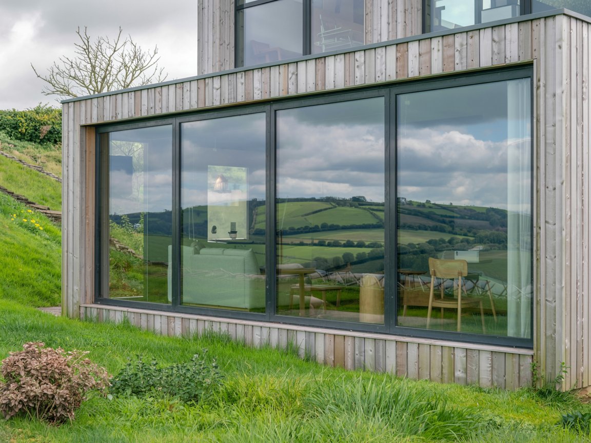 Internorm triple-pane corner glazing feature in a contemporary Welsh hillside home, captured from outside on a lush green incline. Internorm timber vs uPVC