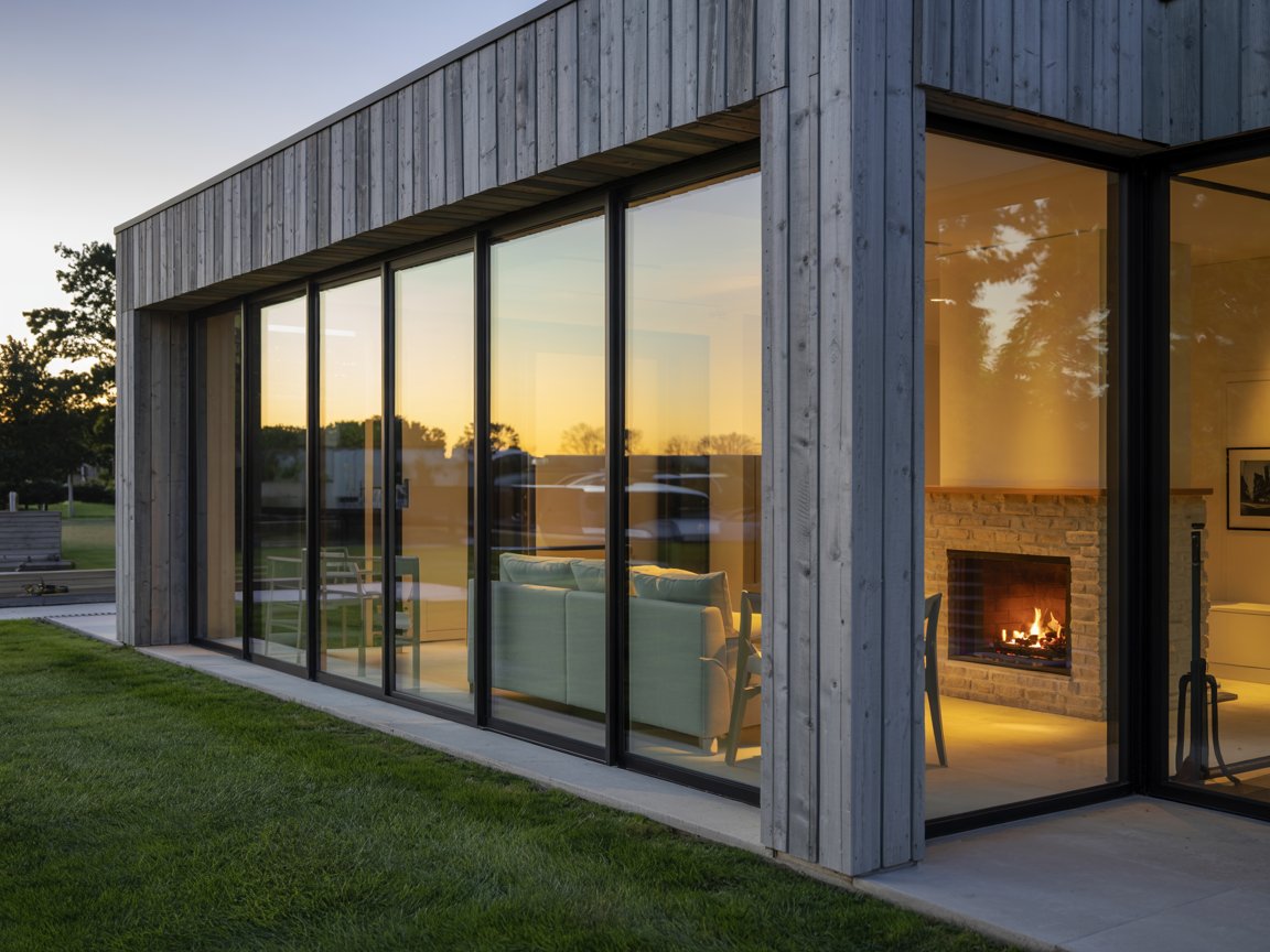 architectural study of Internorm alu‑clad windows at dawn in a luxury UK residence Internorm timber vs uPVC