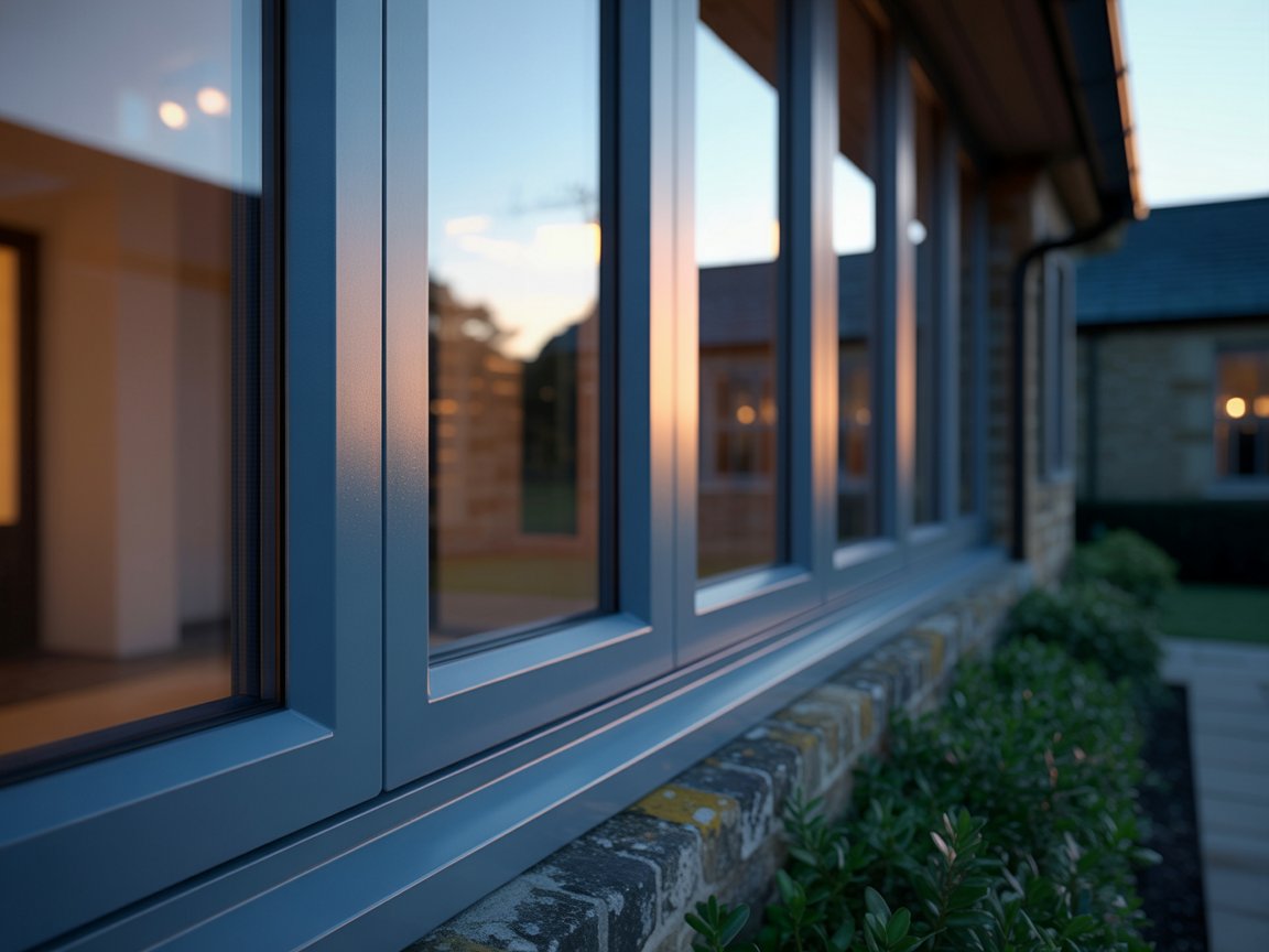 Ultra high detail view of slimline aluminium casement windows on a luxury British home, architectural lighting highlighting clean frame profiles and glazing reflections