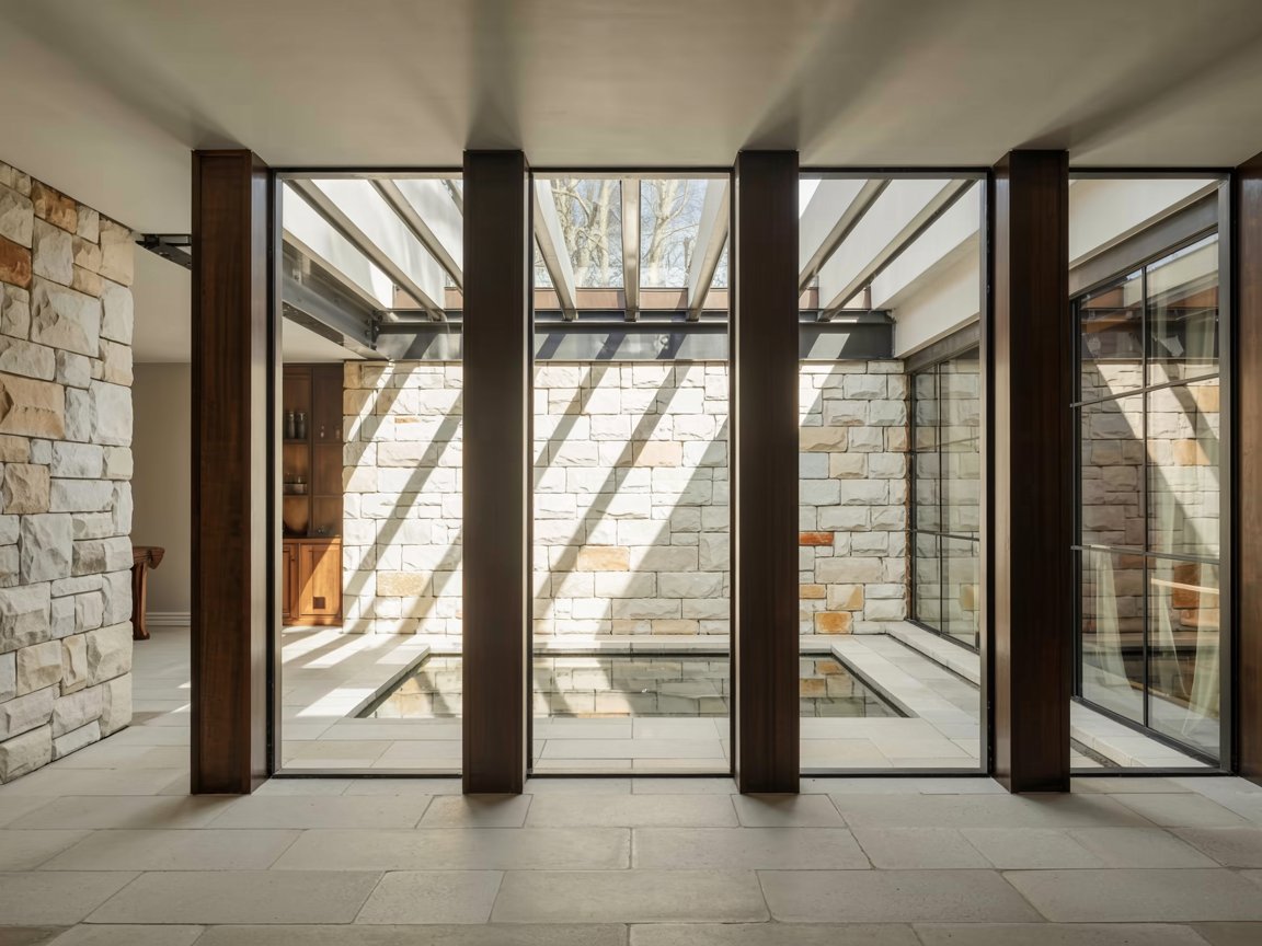 a luxury british residence framed in bronze — the windows so fine, they dissolve into the rhythm of the stone-clad façade. steel window finishes