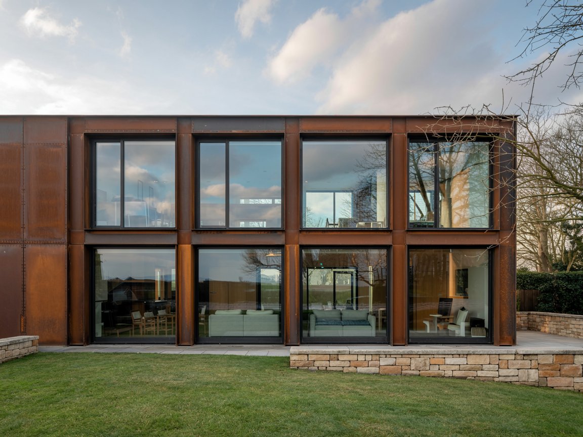 contemporary british home with corten steel window finishes