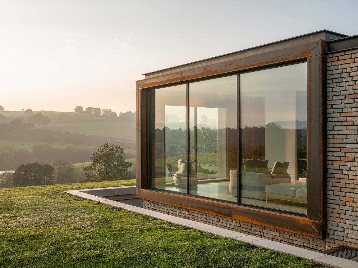 a minimalist British home quietly reveals its strength through ultra-slim Corten steel window finishes. oxidised tones shift from deep orange to earthy brown in the soft morning light