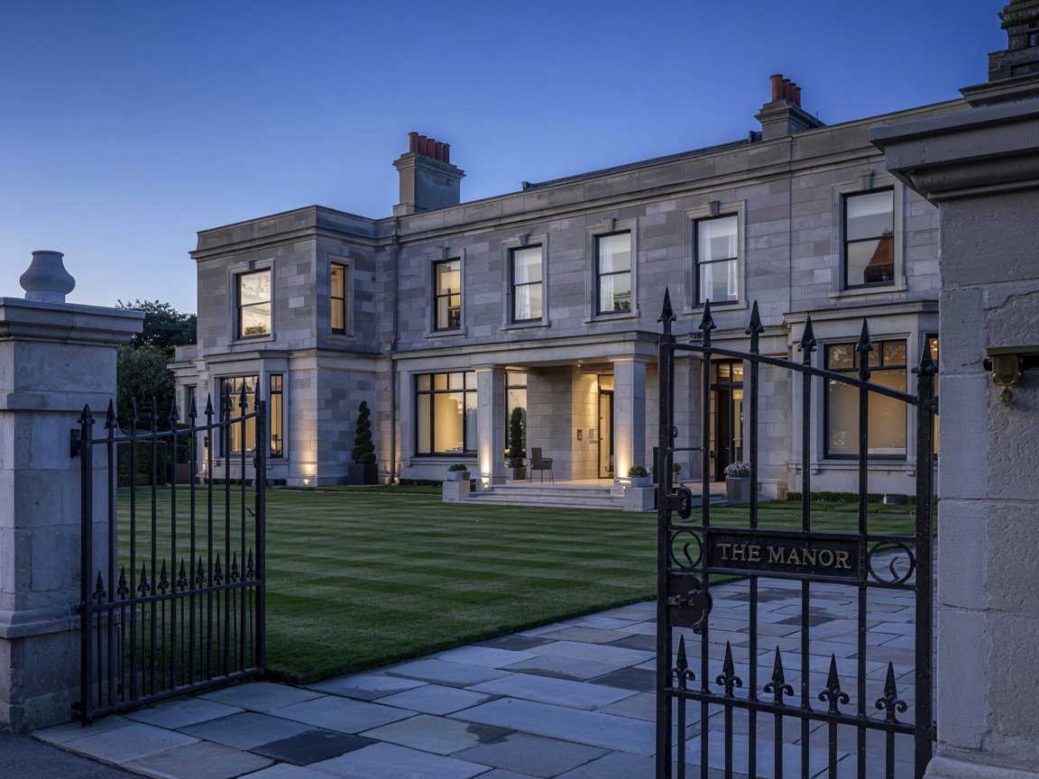 Architectural Lighting, refined façade of luxury British property featuring Secco Sistemi steel windows