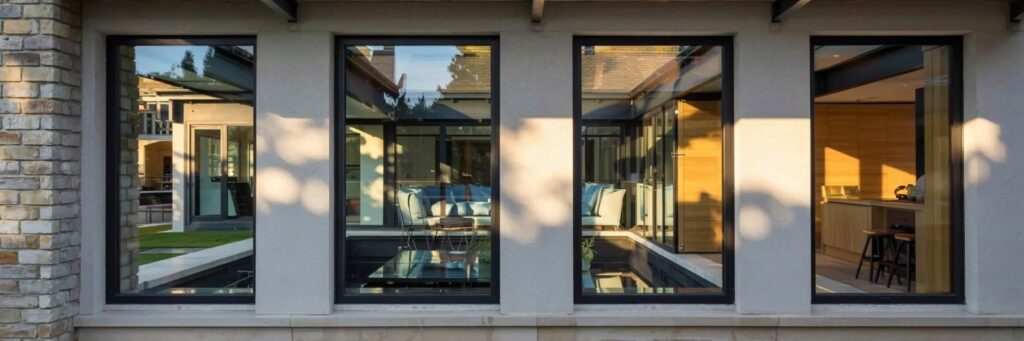 early morning light cuts through the bronze steel windows of a contemporary british home, drawing long, golden lines across the interior floor. each window frame is impossibly slim, allowing the surrounding architecture to breathe with openness and calm