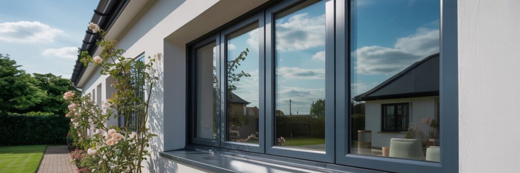 Close-up shot of sleek aluminium tilt & turn windows on a modern suburban UK home