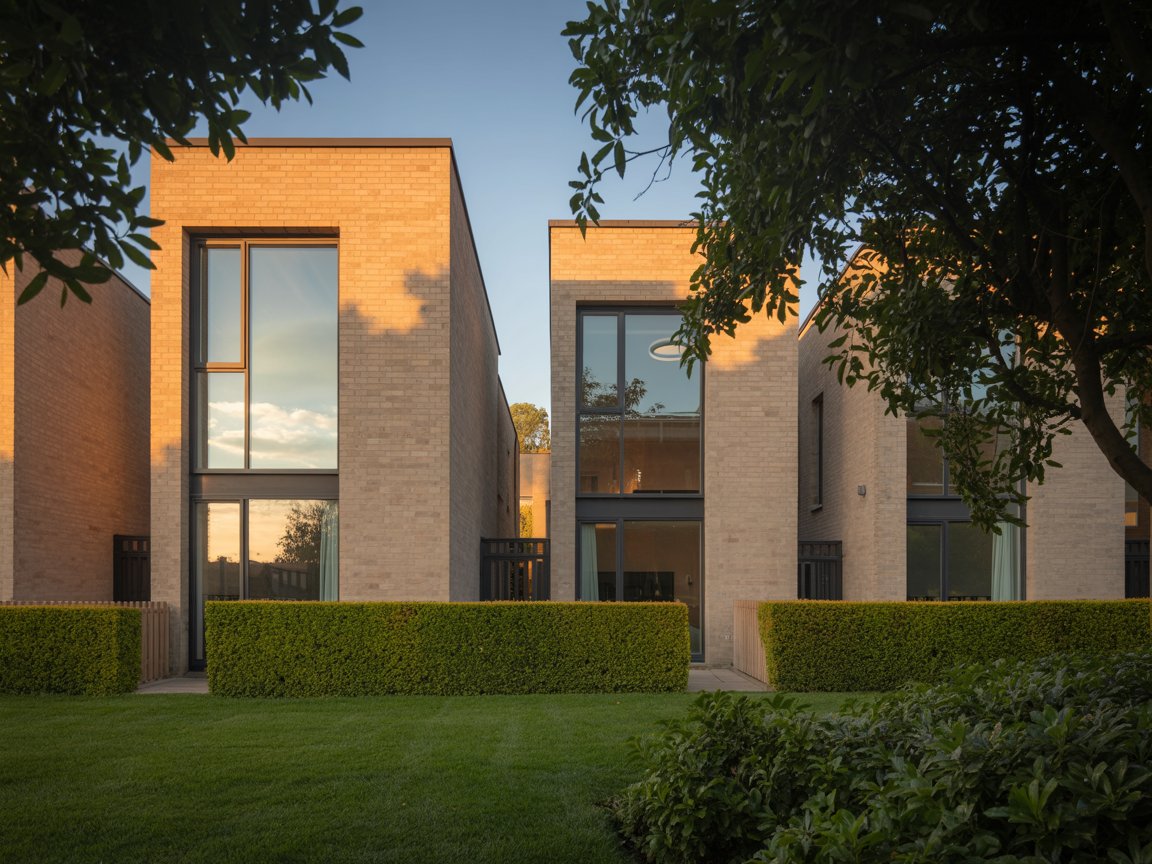Symmetrical architectural capture of aluminium tilt & turn windows across an entire building facade, modern UK office complex