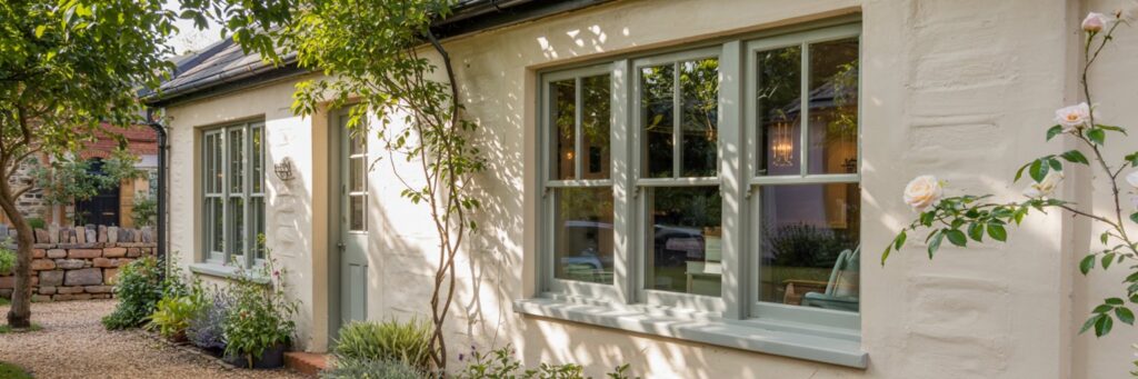 heritage modern blend, full façade of a renovated British cottage featuring painted timber-look uPVC windows finished in soft sage green, slimline sash-style glazing proportioned for period accuracy, set into textured off-white lime-rendered walls with subtle shadow reveals