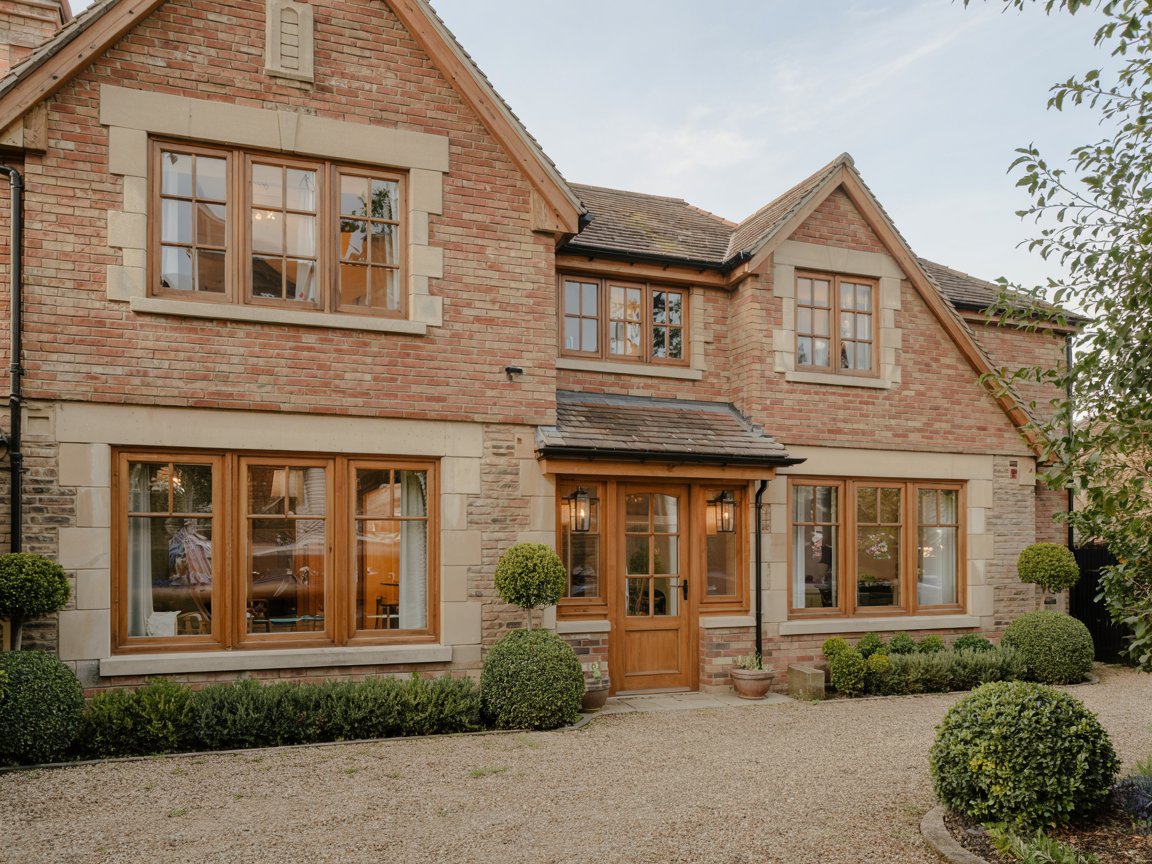 heritage-inspired modernity, full façade of a two-storey British countryside home featuring timber-look uPVC windows in golden oak finish, sash proportions with authentic glazing bars, flush-mounted frames inset into warm red brickwork with stone sills and headers