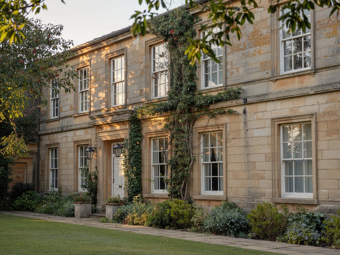 classic country refinement, full façade of a British countryside manor house featuring painted timber-look uPVC sash windows in soft antique white, traditional glazing bars dividing large clear panes, frames inset into natural stone walls with deep reveals