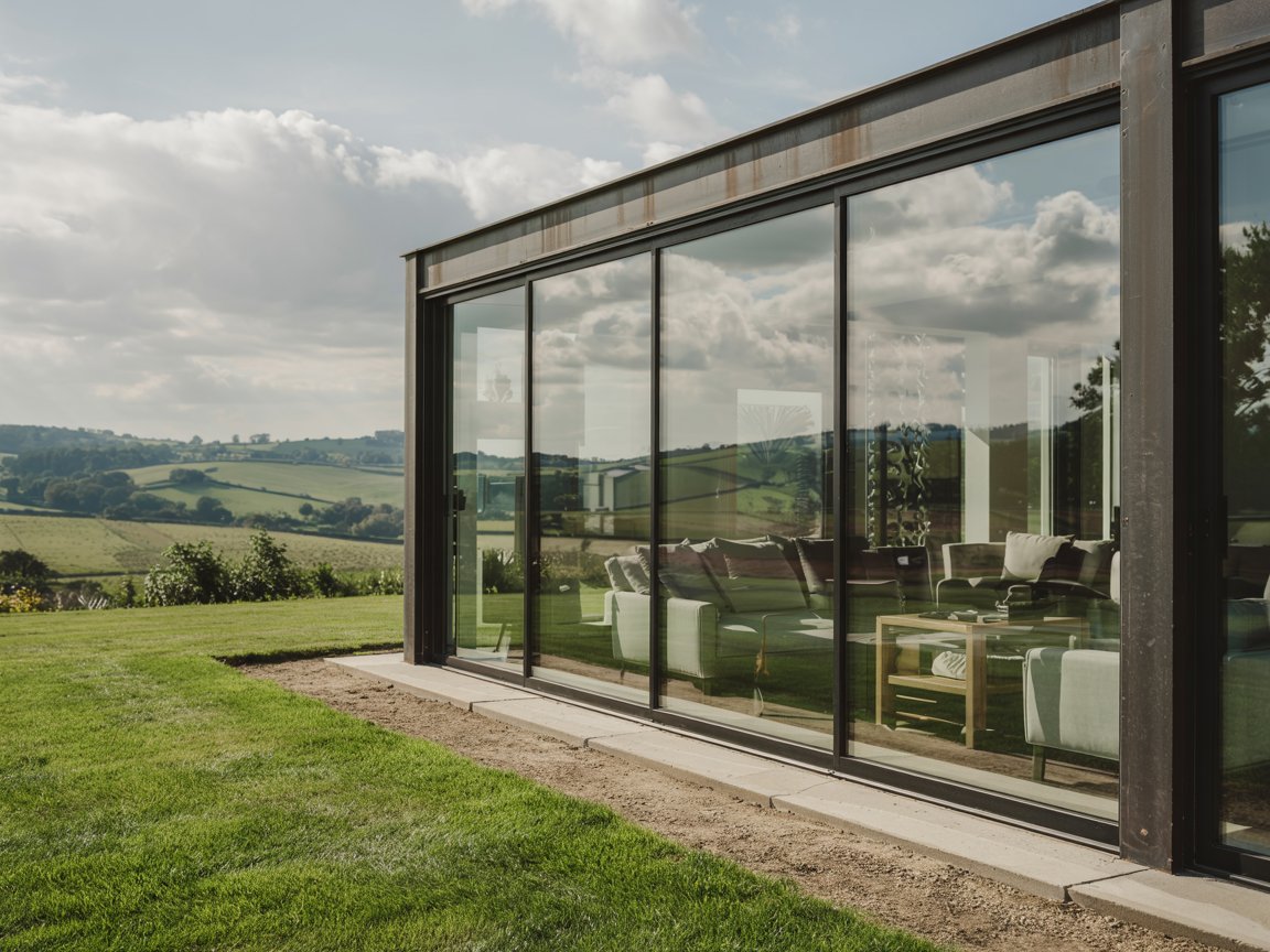 A wide-angle view of full-height triple glazed sliding aluminium doors on a luxury new-build home overlooking the Cotswolds. Triple Glazing Energy Efficiency