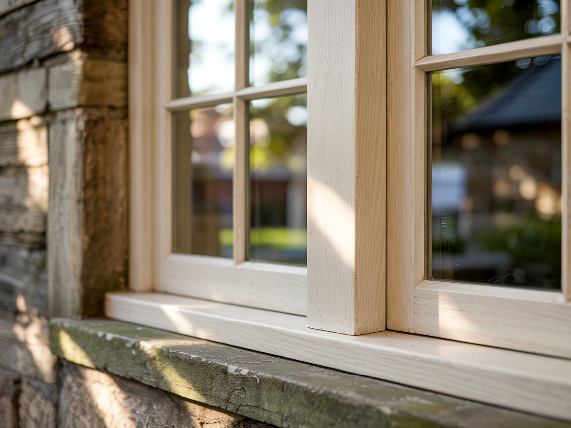 exterior joinery realism, macro close-up of a traditional painted timber sliding sash window viewed from the outside, heritage cream satin paint softly reflecting daylight while revealing underlying oak grain pattern, authentic butt-jointed construction with visible mortise-and-tenon corner detail, crisp putty-line glazing bars with faint brushstrokes, weathered microtexture on lower rail where paint subtly thins over grain ridges