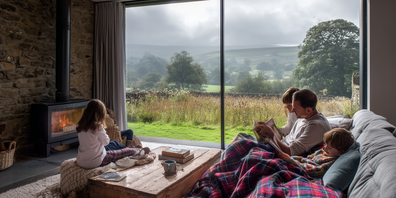 family next to aluminium sliding door