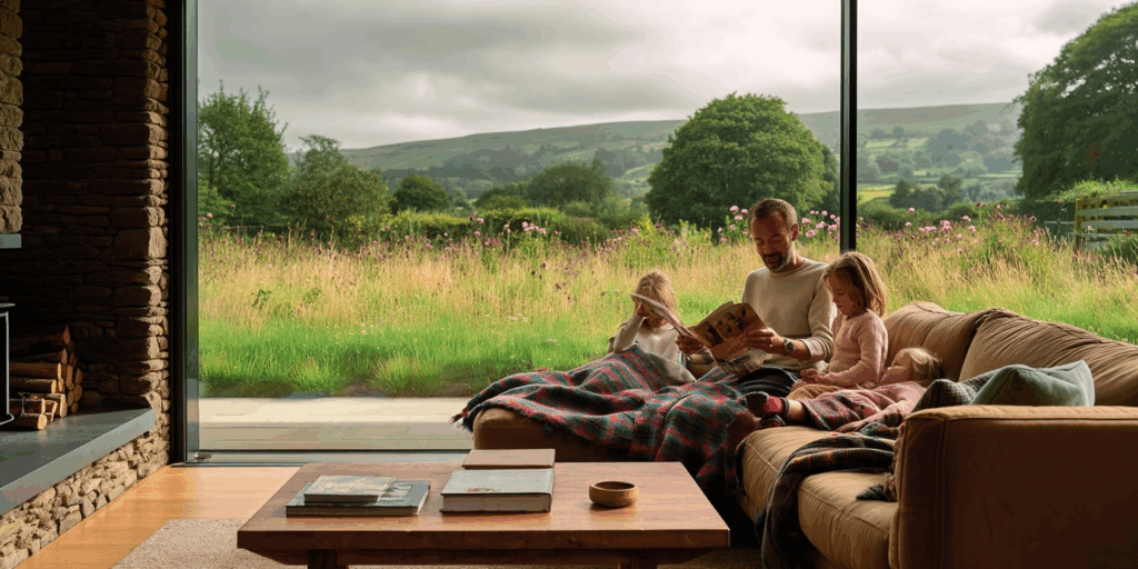 family next to aluminium sliding door