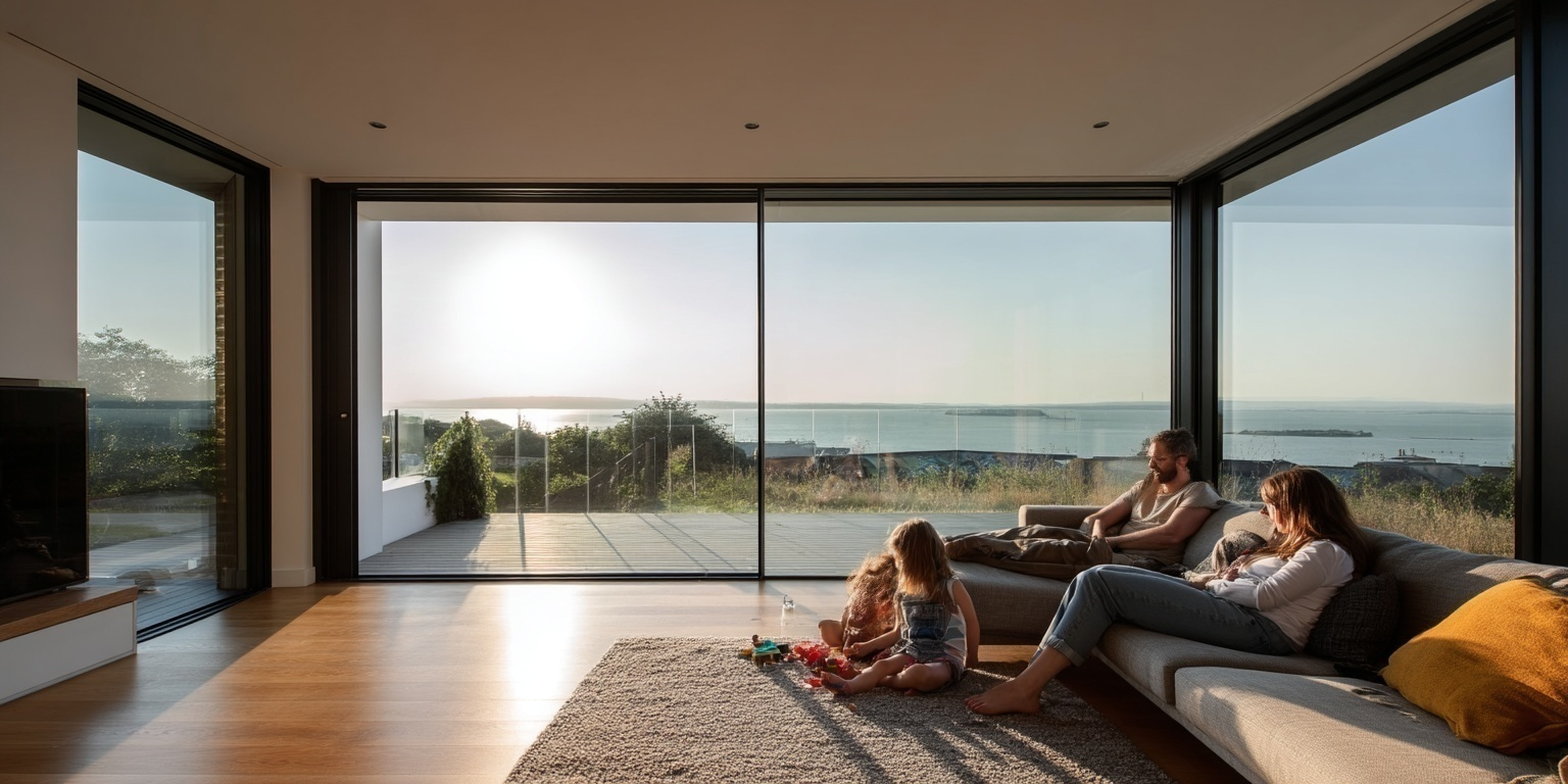 family next to aluminium sliding door